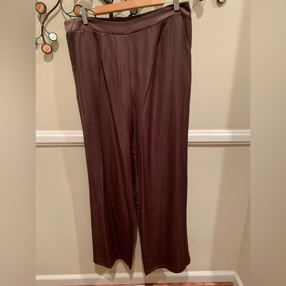 LYR Splendid Pants: Brown Satin, Wide-Leg, Elastic Waist, Unlined, XL